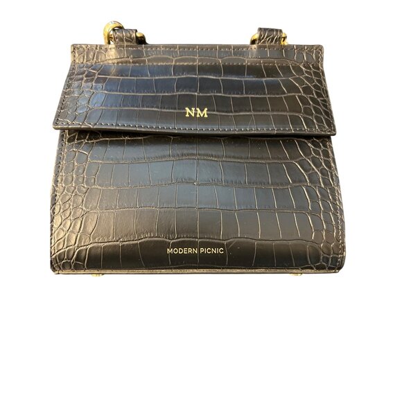 Modern Picnic Black Vegan Leather Lunch Bag Box Croc Embossed Crossbody NWOT - Picture 3 of 9